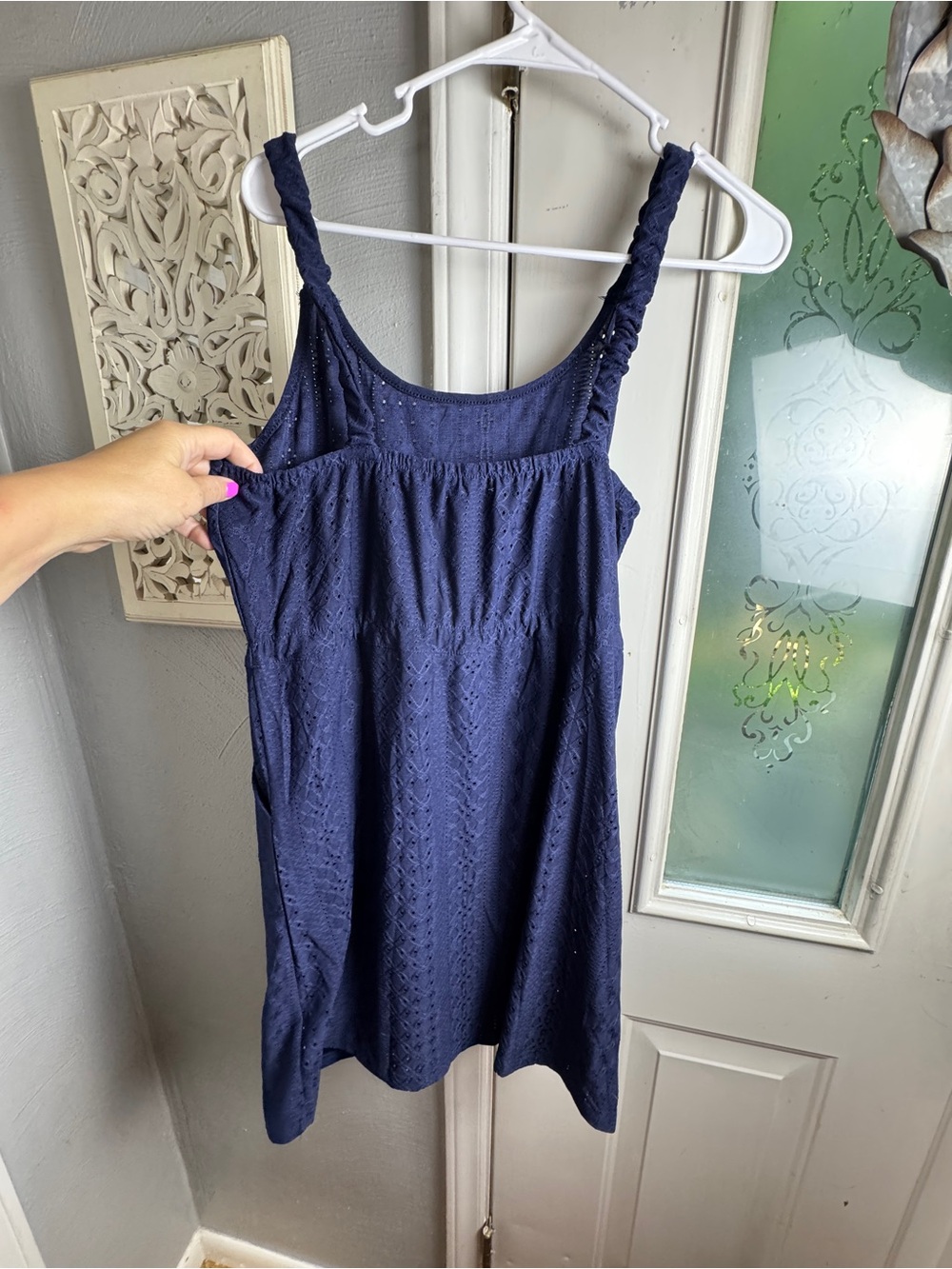 NWOT Navy Eyelet Swim Cover Up Dress Large Stretch Waist Pockets Beach Resort - Picture 5 of 7